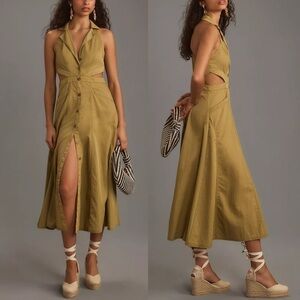 ANYHROPOLOGIE PILCRO Halter Sleeveless Button Front Midi Dress Green 00P